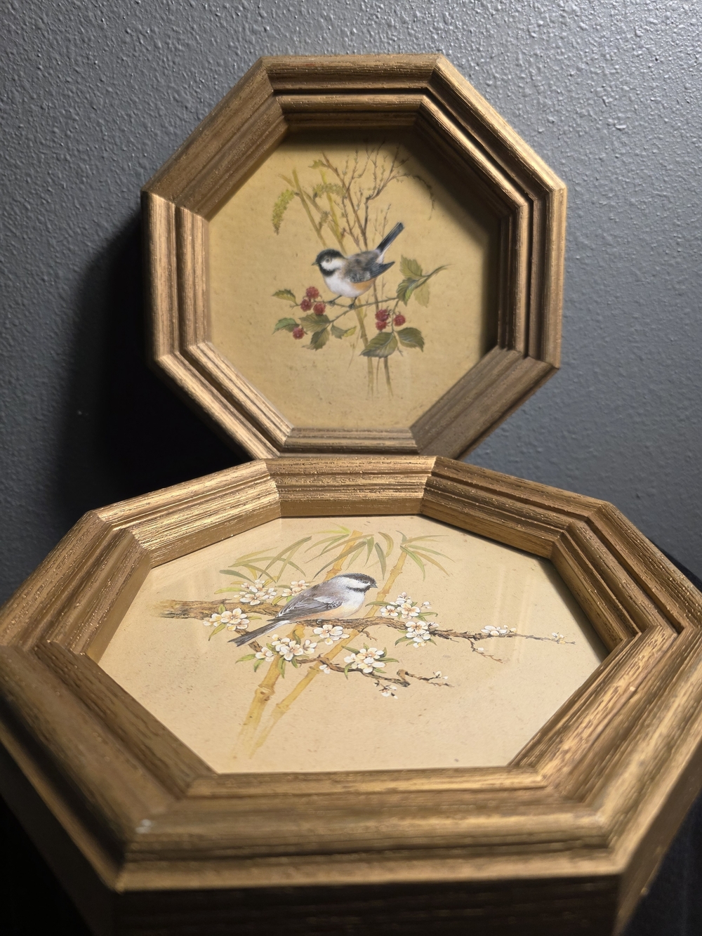 Gold Octagonal Framed Bird Prints - Pair